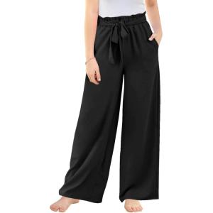 Haloumoning Girls Wide Leg Pants High Elastic Smocked Waist Casual Flowy Cute Long Trousers(Black)