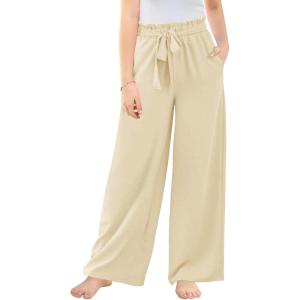 Haloumoning Girls Wide Leg Pants High Elastic Smocked Waist Casual Flowy Cute Long Trousers(Khaki)