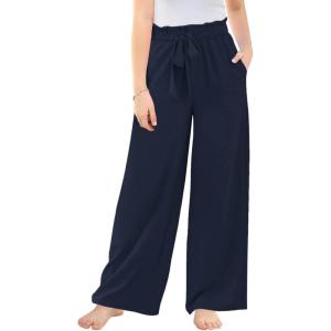 Haloumoning Girls Wide Leg Pants High Elastic Smocked Waist Casual Flowy Cute Long Trousers(Navy)