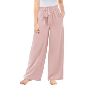 Haloumoning Girls Wide Leg Pants High Elastic Smocked Waist Casual Flowy Cute Long Trousers(Pink)