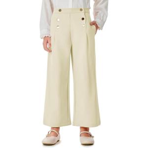 Haloumoning Girls Wide Leg Pants Kids Fashion Elastic Waist Front Button Trousers with Pockets 5-14 Years(Light Khaki)