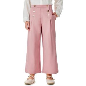 Haloumoning Girls Wide Leg Pants Kids Fashion Elastic Waist Front Button Trousers with Pockets 5-14 Years(Pink)
