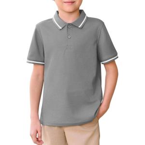 Haloumoning Kids Boys Short Sleeve School Uniform String Pique Polo Shirts 5-14 Years(Grey)