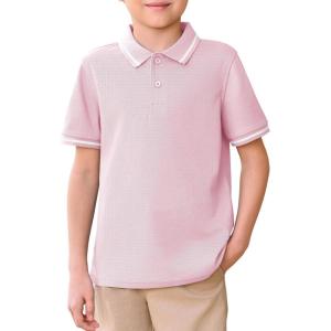 Haloumoning Kids Boys Short Sleeve School Uniform String Pique Polo Shirts 5-14 Years(Light Pink)