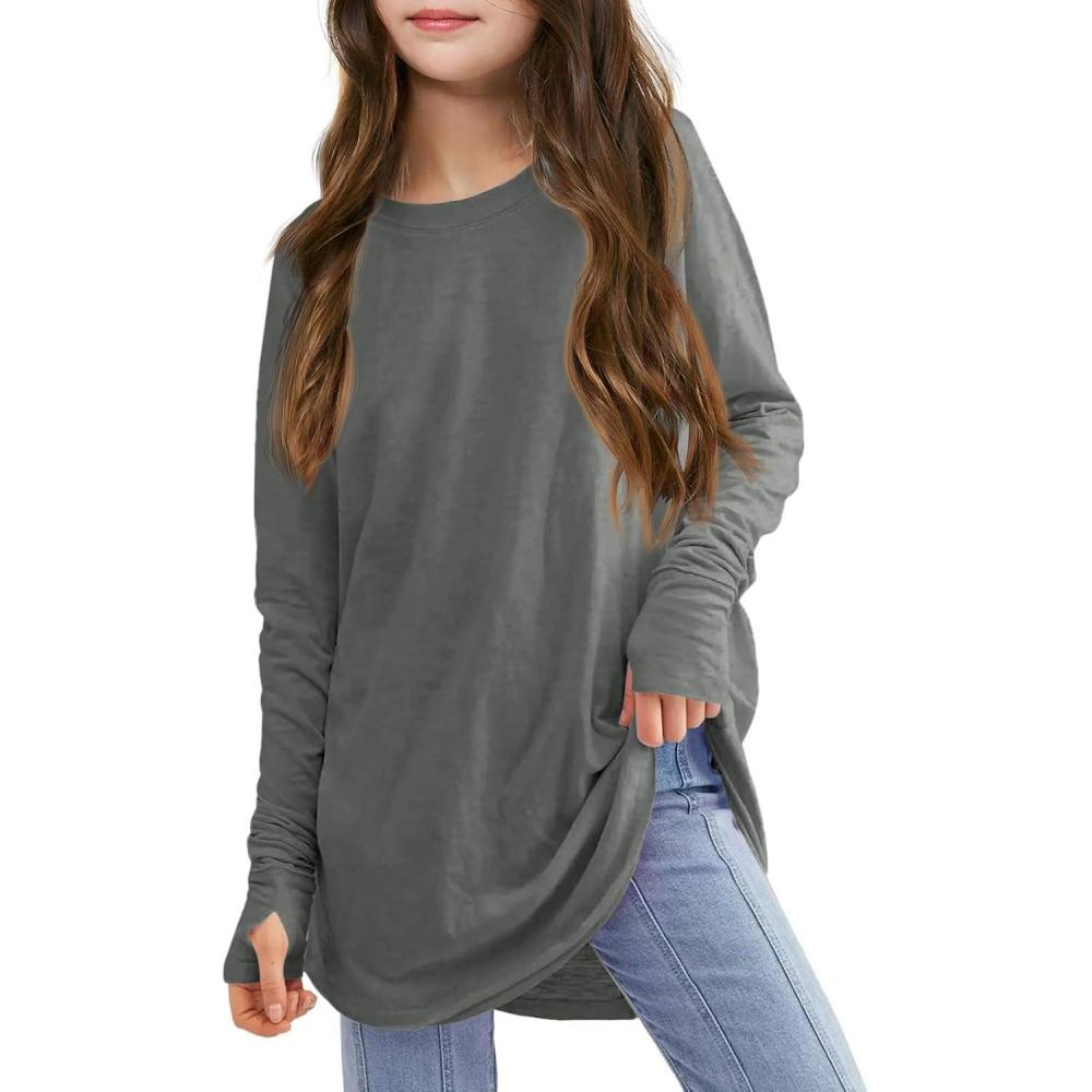 image:imageGirls Thumb Holes Long Sleeve Shirts Kids Crewneck Hem Loose Tunic Tops 514 YearsGray