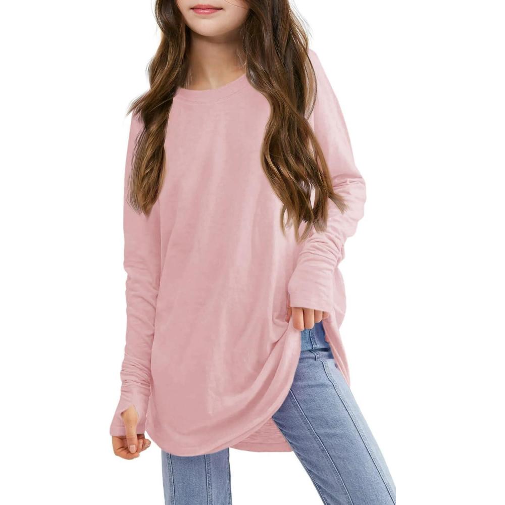 image:imageGirls Thumb Holes Long Sleeve Shirts Kids Crewneck Hem Loose Tunic Tops 514 YearsPink