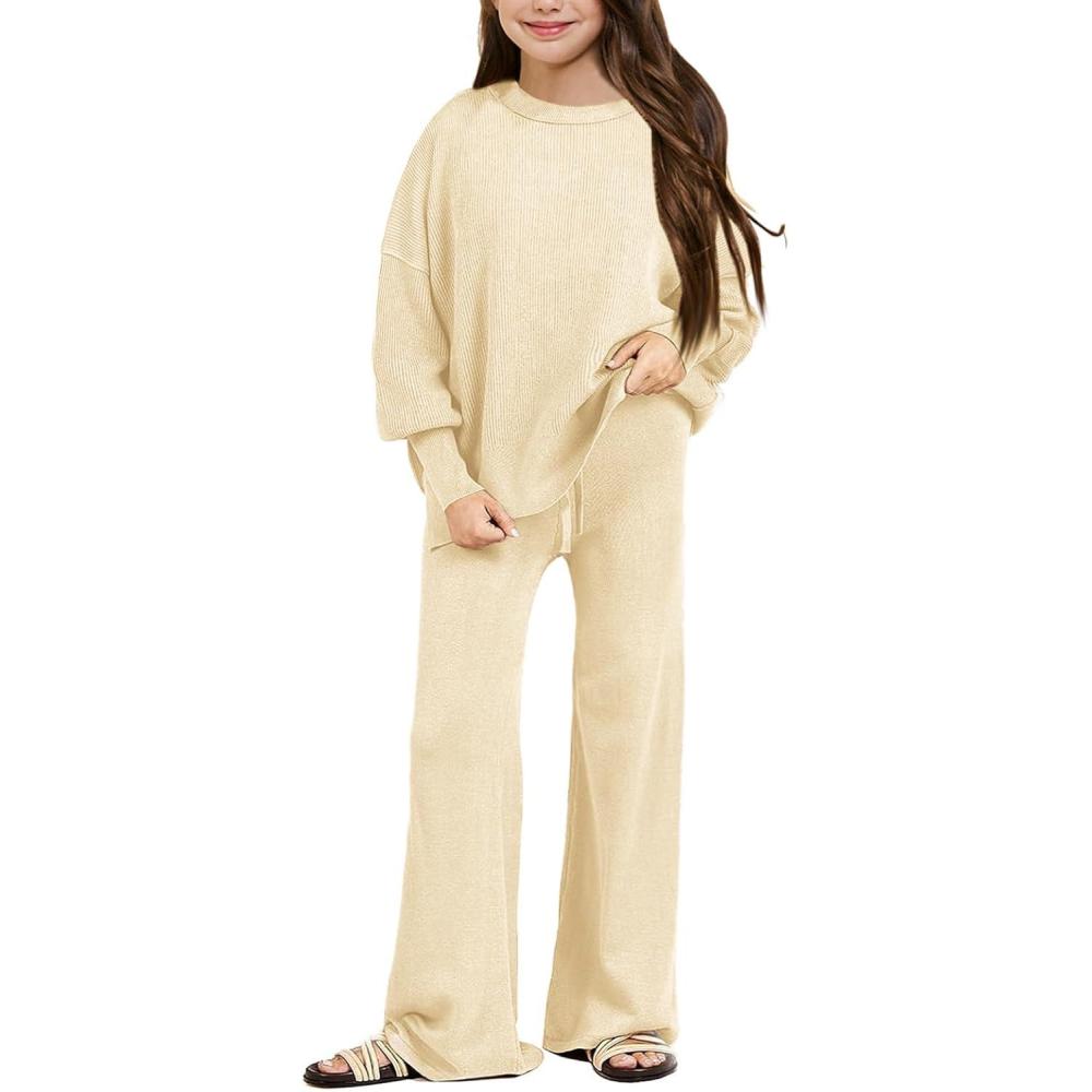 image:imageHaloumoning Girls 2 Piece Outfits Kids Long Sleeve Crewneck Sweater Drawstring Wide Leg Long Pants Sweatsuits Sets 514TApricot