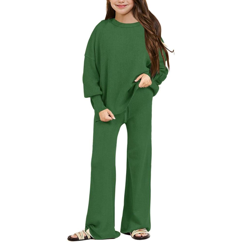 image:imageHaloumoning Girls 2 Piece Outfits Kids Long Sleeve Crewneck Sweater Drawstring Wide Leg Long Pants Sweatsuits Sets 514TGreen
