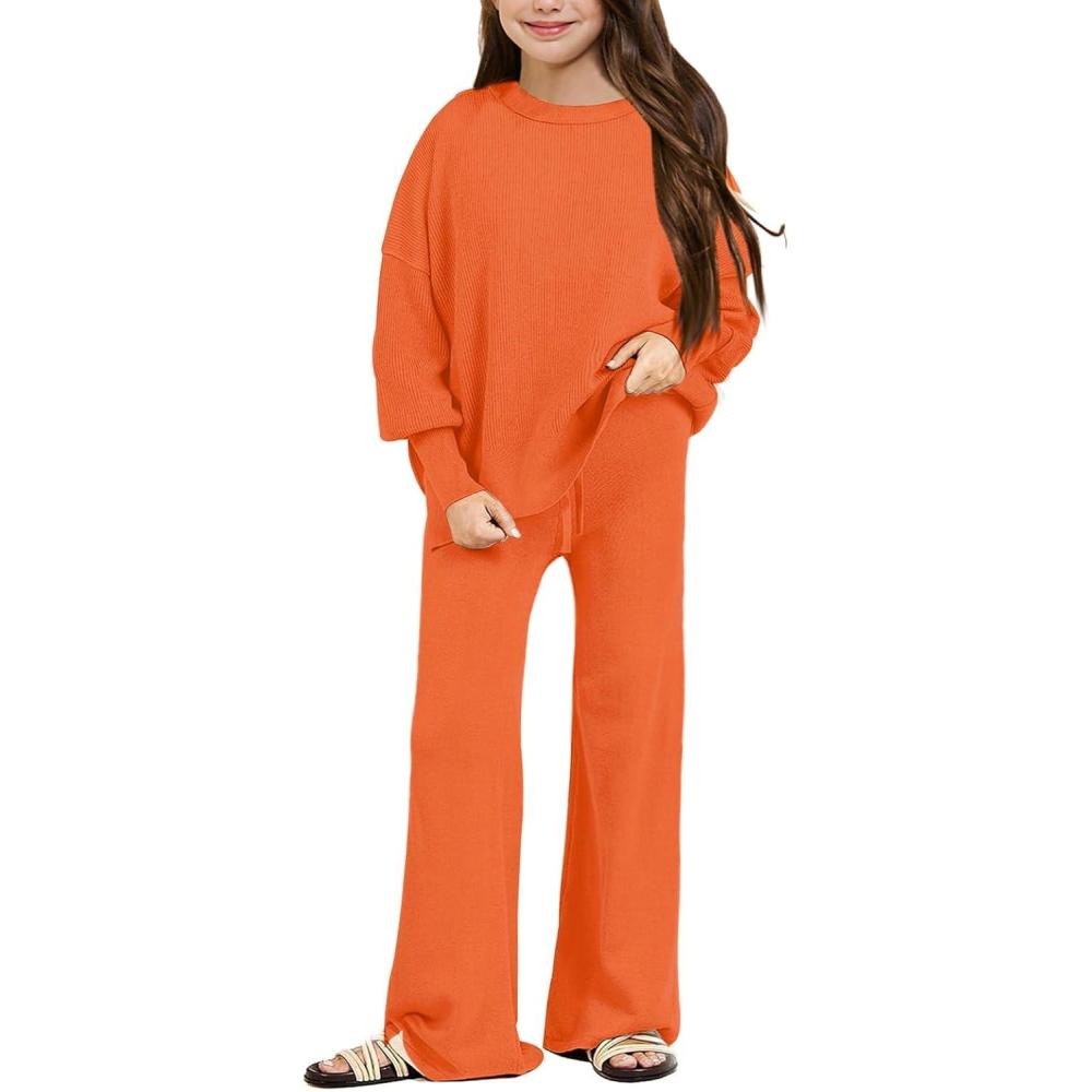 image:imageHaloumoning Girls 2 Piece Outfits Kids Long Sleeve Crewneck Sweater Drawstring Wide Leg Long Pants Sweatsuits Sets 514TOrange