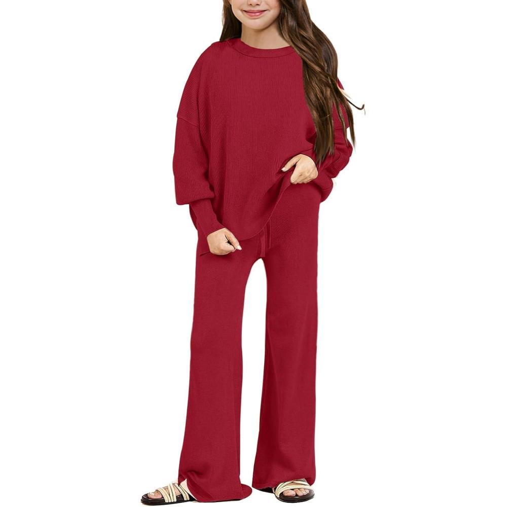 image:imageHaloumoning Girls 2 Piece Outfits Kids Long Sleeve Crewneck Sweater Drawstring Wide Leg Long Pants Sweatsuits Sets 514TWine Red