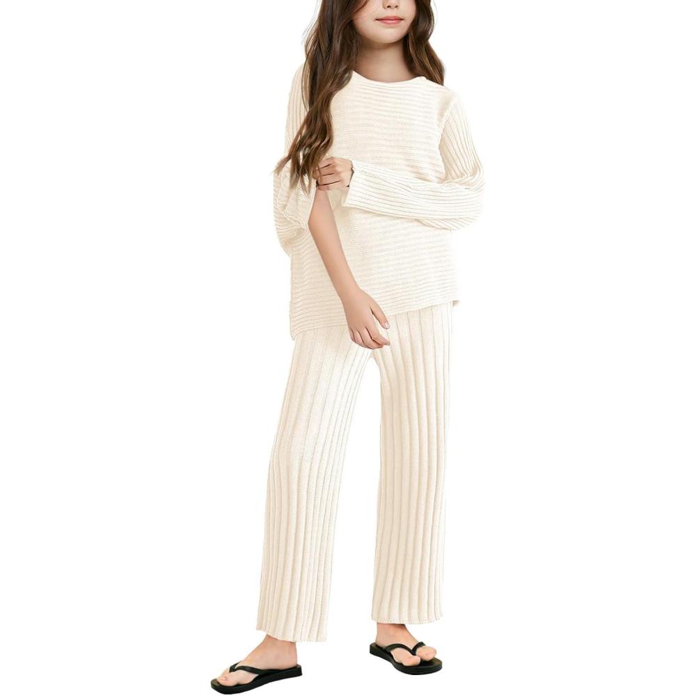 image:imageHaloumoning Girls 2 Piece Outfits Sweater Knit Pullover Tops and Pants Lounge Set Kids Winter Clothing Sets 414 YearsBeige