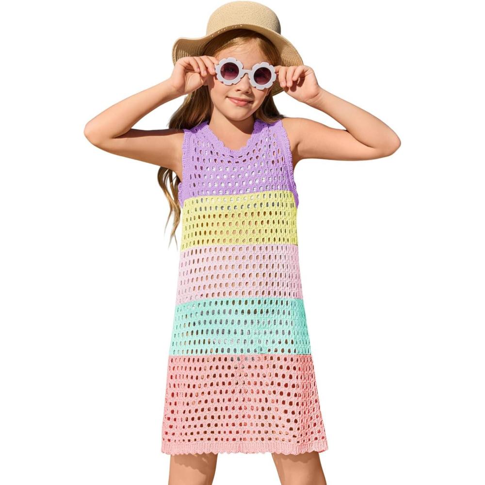 image:imageHaloumoning Girls Color Block Crochet Knit Swim Cover up Kids Summer Sleeveless Beach Dress 514 YearsPurple
