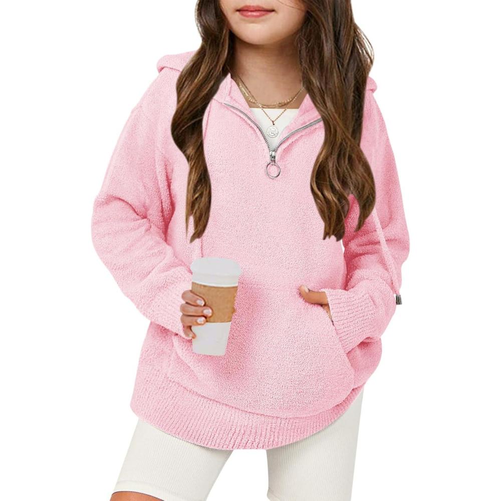 image:imageHaloumoning Girls Fuzzy Hoodies Kids Sherpa Quarter Zip Hooded Sweatshirts with Pocket 514 YearsPink