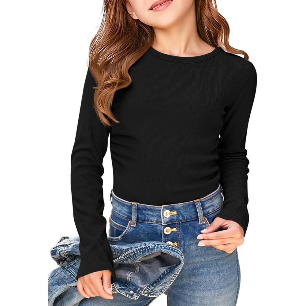 image:imageHaloumoning Girls Long Sleeve Shirts Crewneck Ruched Side Slim Fit Tops Ribbed Knit Casual Tee Shirt 415 YearsBlack