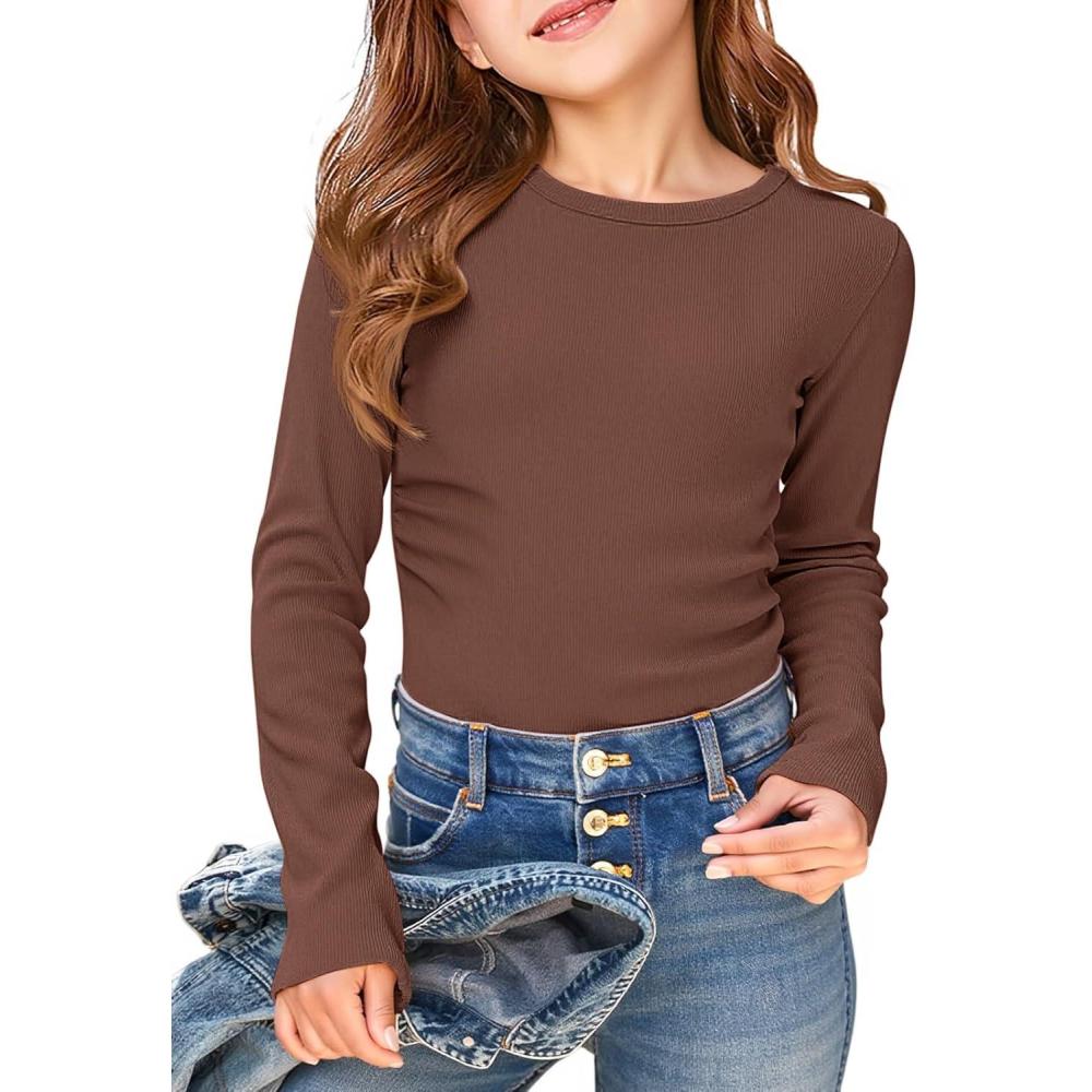 image:imageHaloumoning Girls Long Sleeve Shirts Crewneck Ruched Side Slim Fit Tops Ribbed Knit Casual Tee Shirt 415 YearsCoffee