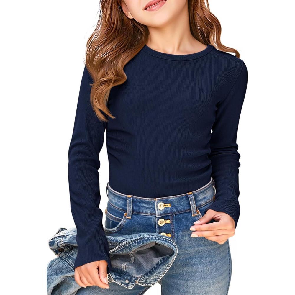 image:imageHaloumoning Girls Long Sleeve Shirts Crewneck Ruched Side Slim Fit Tops Ribbed Knit Casual Tee Shirt 415 YearsDark Blue