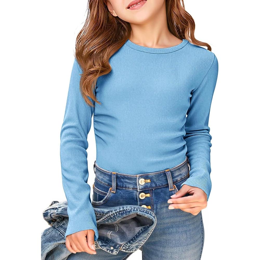 image:imageHaloumoning Girls Long Sleeve Shirts Crewneck Ruched Side Slim Fit Tops Ribbed Knit Casual Tee Shirt 415 YearsLight Blue