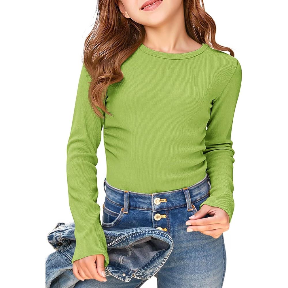 image:imageHaloumoning Girls Long Sleeve Shirts Crewneck Ruched Side Slim Fit Tops Ribbed Knit Casual Tee Shirt 415 YearsLight Geen