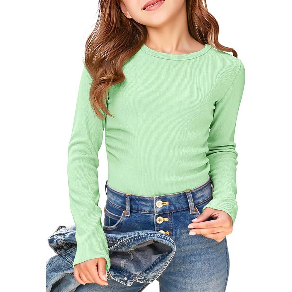 image:imageHaloumoning Girls Long Sleeve Shirts Crewneck Ruched Side Slim Fit Tops Ribbed Knit Casual Tee Shirt 415 YearsMint
