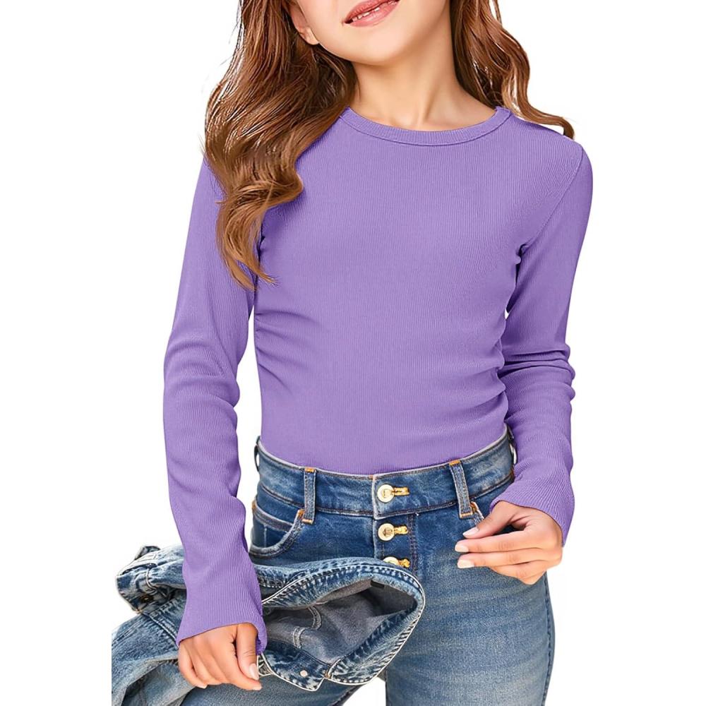 image:imageHaloumoning Girls Long Sleeve Shirts Crewneck Ruched Side Slim Fit Tops Ribbed Knit Casual Tee Shirt 415 YearsPurple