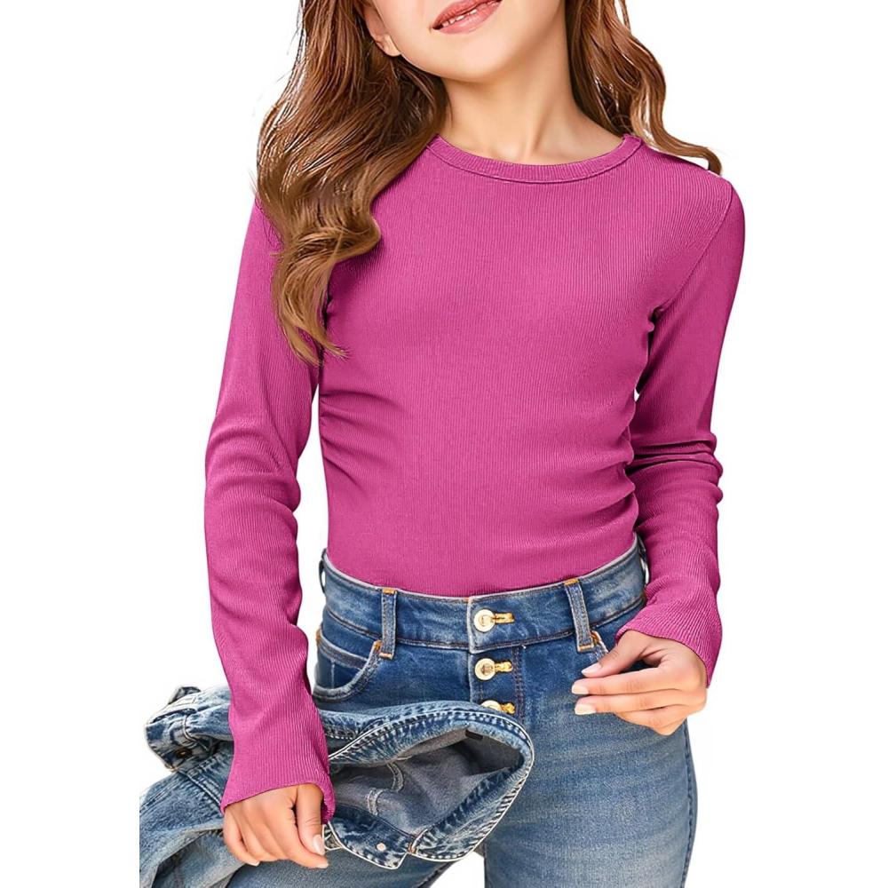 image:imageHaloumoning Girls Long Sleeve Shirts Crewneck Ruched Side Slim Fit Tops Ribbed Knit Casual Tee Shirt 415 YearsPurplish Red