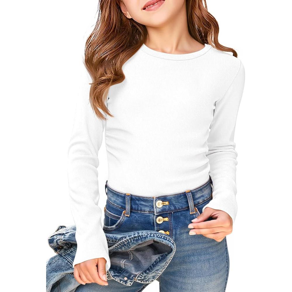 image:imageHaloumoning Girls Long Sleeve Shirts Crewneck Ruched Side Slim Fit Tops Ribbed Knit Casual Tee Shirt 415 YearsWhite
