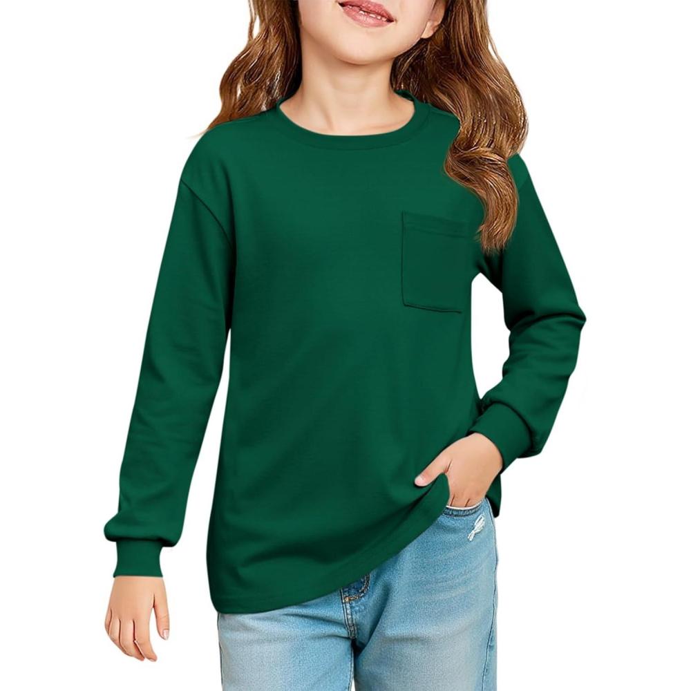image:imageHaloumoning Girls Long Sleeve Shirts Kids Crewneck Soft Tunic Tops Basic Casual TShirts 514 Years with PocketDark Green