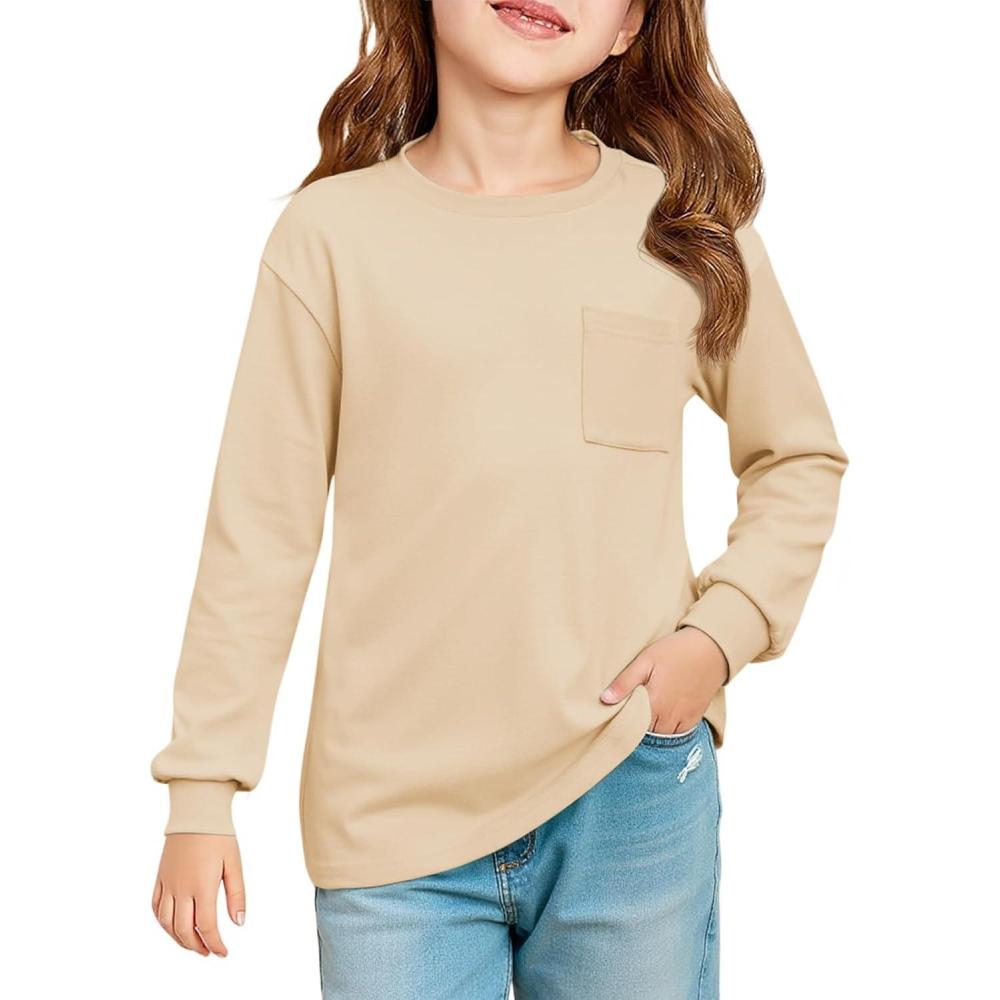 image:imageHaloumoning Girls Long Sleeve Shirts Kids Crewneck Soft Tunic Tops Basic Casual TShirts 514 Years with PocketLight Khaki