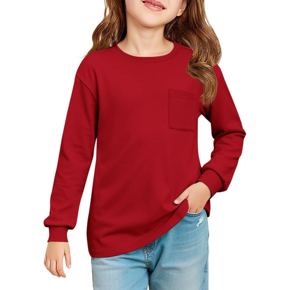 image:imageHaloumoning Girls Long Sleeve Shirts Kids Crewneck Soft Tunic Tops Basic Casual TShirts 514 Years with PocketRed
