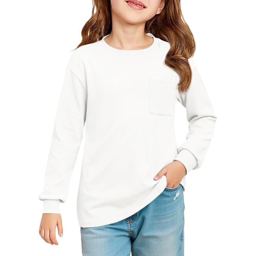image:imageHaloumoning Girls Long Sleeve Shirts Kids Crewneck Soft Tunic Tops Basic Casual TShirts 514 Years with PocketWhite