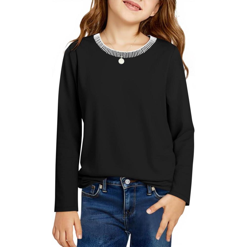image:imageHaloumoning Girls Long Sleeve Shirts Kids Crewneck TShirts Tops Cute Fall Blouse Tees 514 YearsBlack