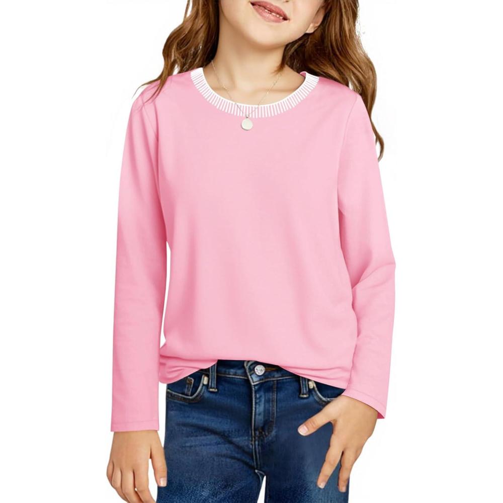 image:imageHaloumoning Girls Long Sleeve Shirts Kids Crewneck TShirts Tops Cute Fall Blouse Tees 514 YearsPink