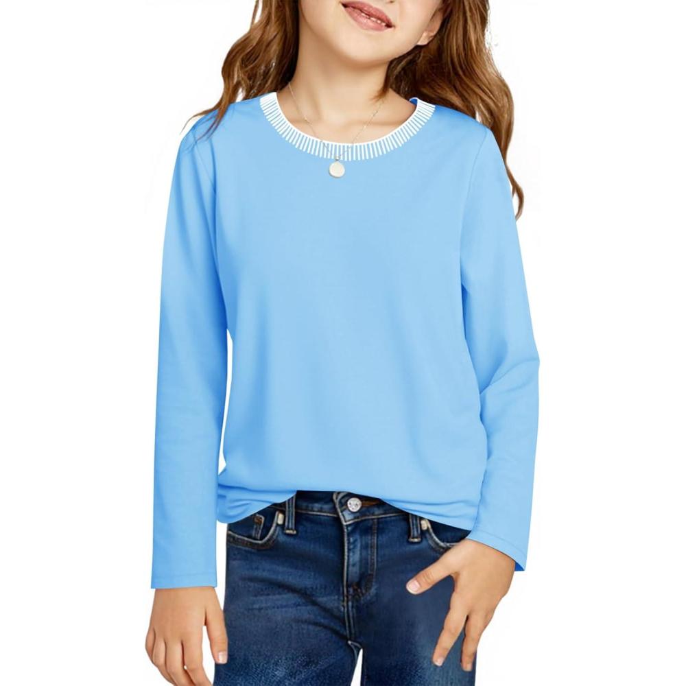 image:imageHaloumoning Girls Long Sleeve Shirts Kids Crewneck TShirts Tops Cute Fall Blouse Tees 514 YearsSky Blue