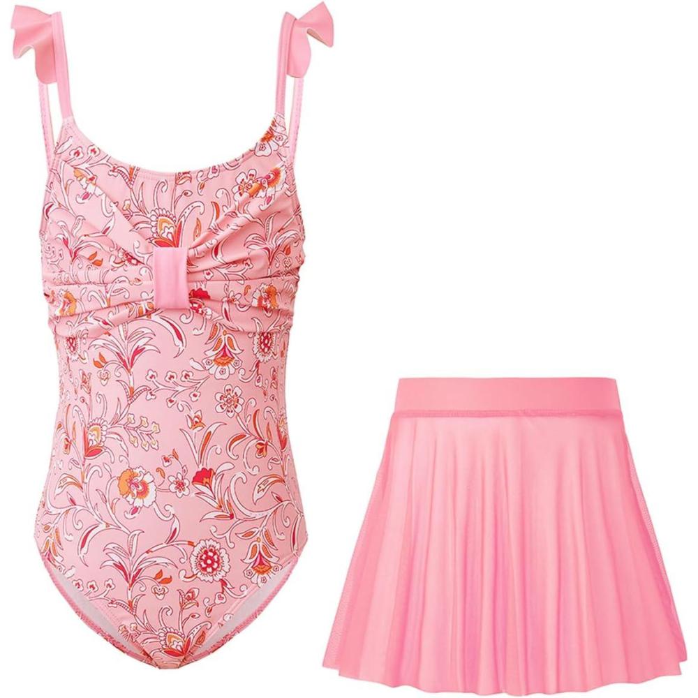 image:imageHaloumoning Girls One Piece Swimsuits Kids Bathing Suits Ruffle Bow Floral Beach Swimwear with Skirt 514 Years