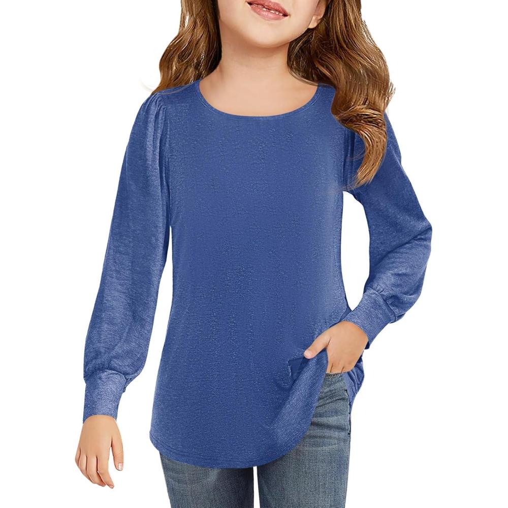 image:imageHaloumoning Girls Puff Long Sleeve Shirts Kids Casual Crewneck Soft Tunic Tops Blouse 514 YearsNavy Blue