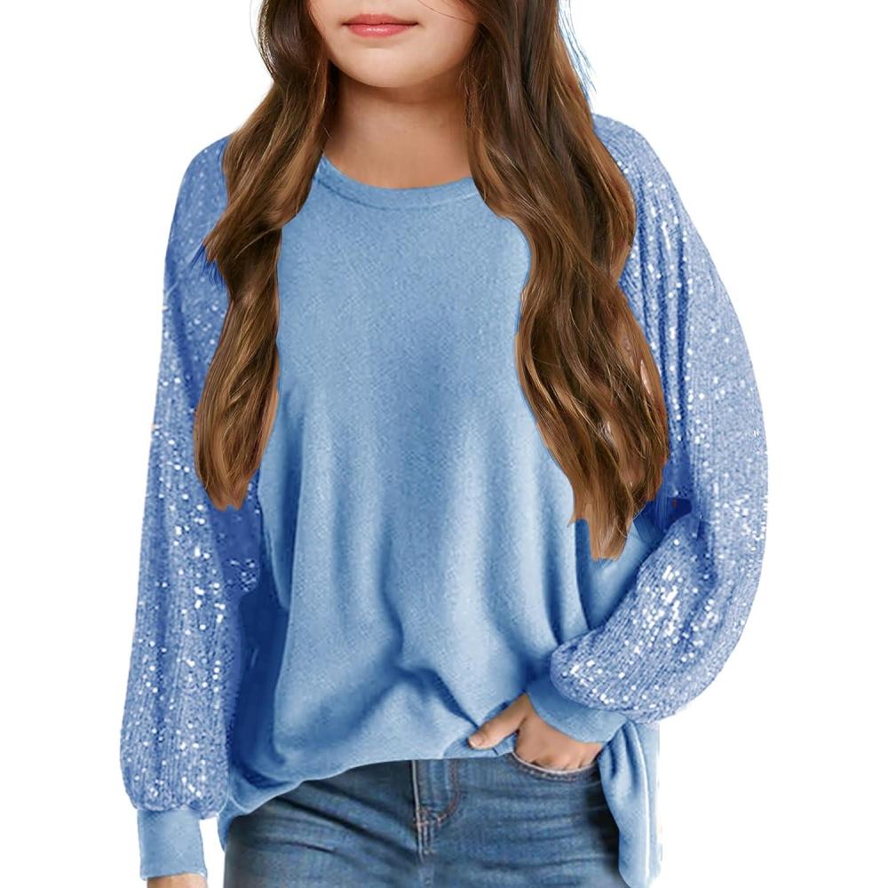 image:imageHaloumoning Girls Sequin Sweatshirts Kids Fashion Crewneck Long Batwing Sleeve Pullover Clothes 514 YearsBlue