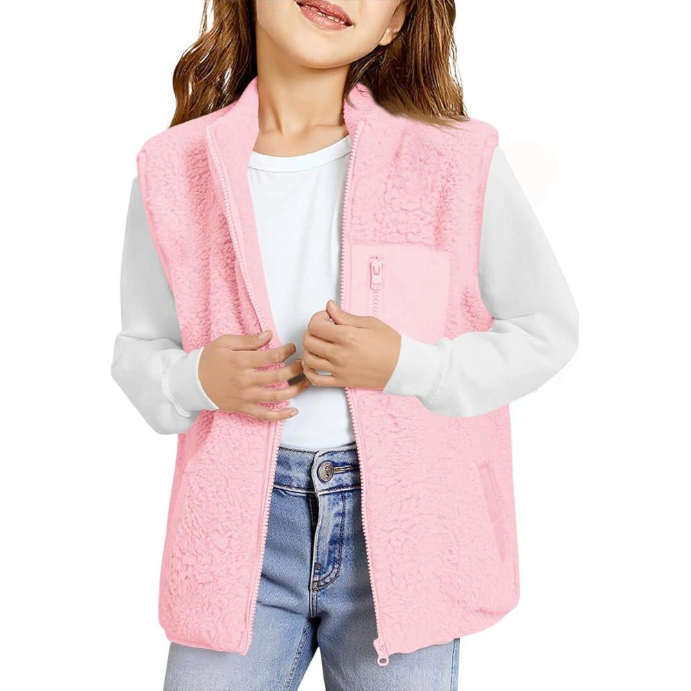 image:imageHaloumoning Girls Sherpa Fleece Vest Kids Fall Winter Full Zip Fuzzy Outerwear Jacket with Pockets 514YPink