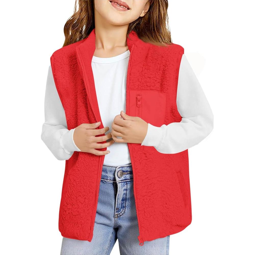 image:imageHaloumoning Girls Sherpa Fleece Vest Kids Fall Winter Full Zip Fuzzy Outerwear Jacket with Pockets 514YRed