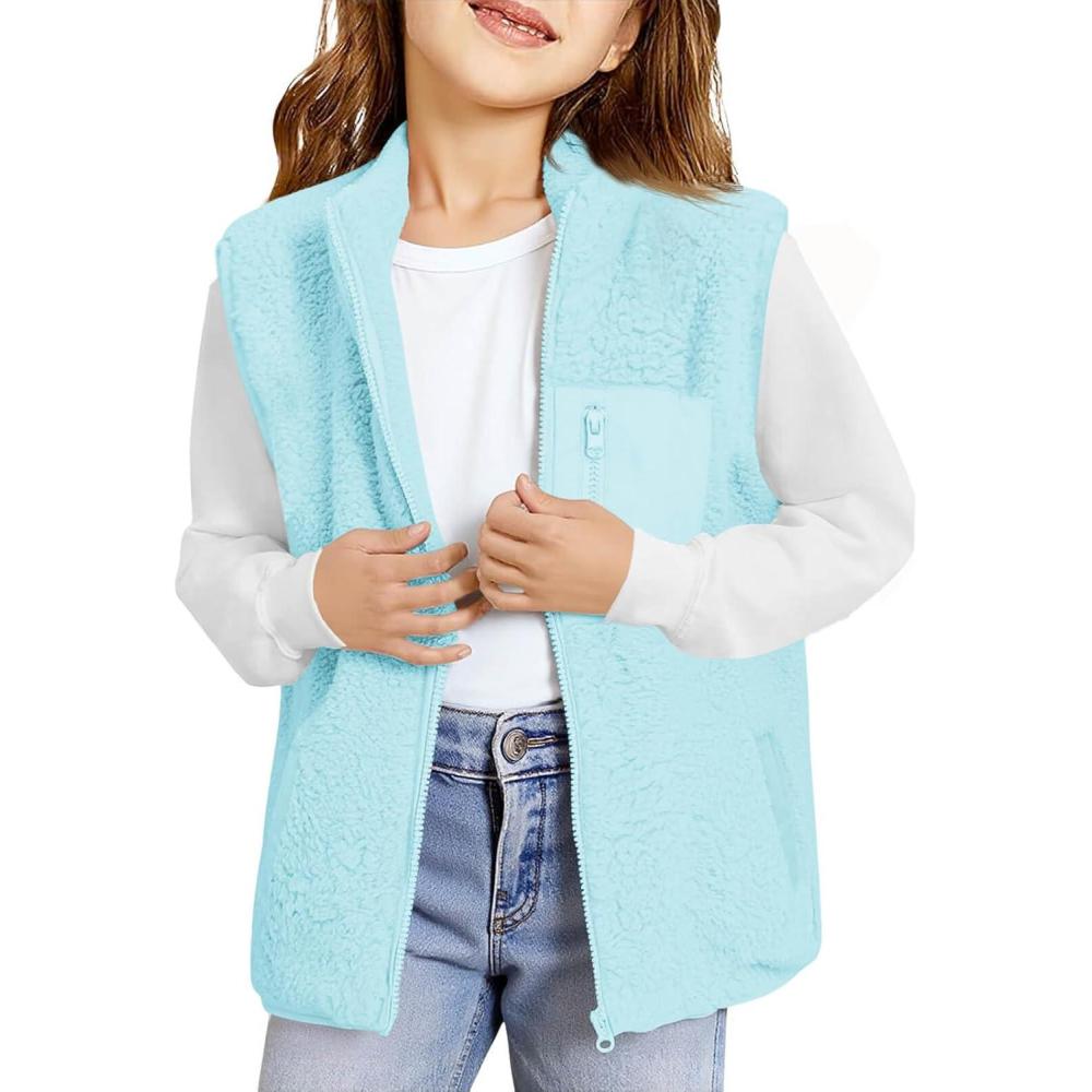 image:imageHaloumoning Girls Sherpa Fleece Vest Kids Fall Winter Full Zip Fuzzy Outerwear Jacket with Pockets 514YSky Blue