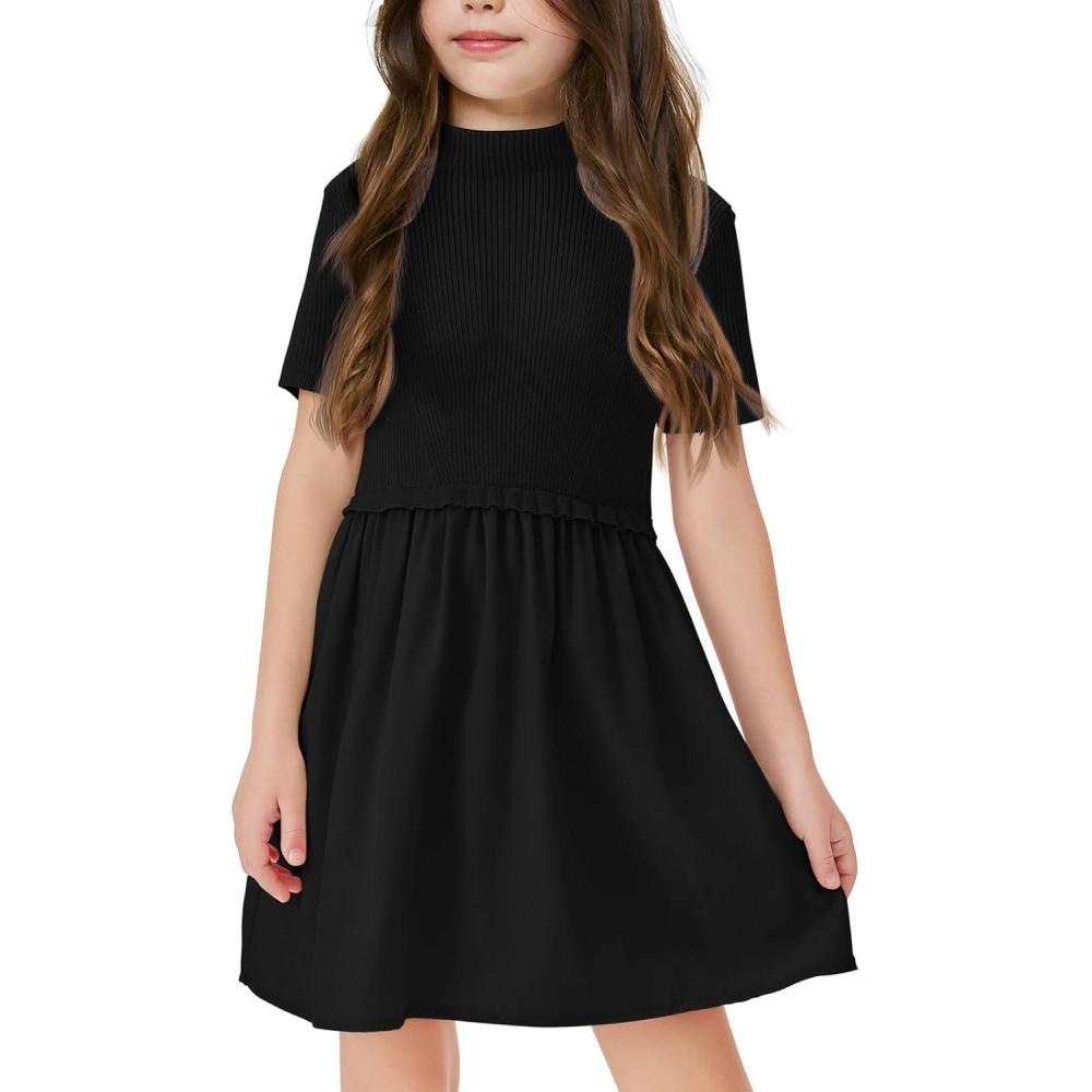 image:imageHaloumoning Girls Short Sleeve Mock Neck Dress Summer Casual Dresses ALine Swing Elegant SundressBlack