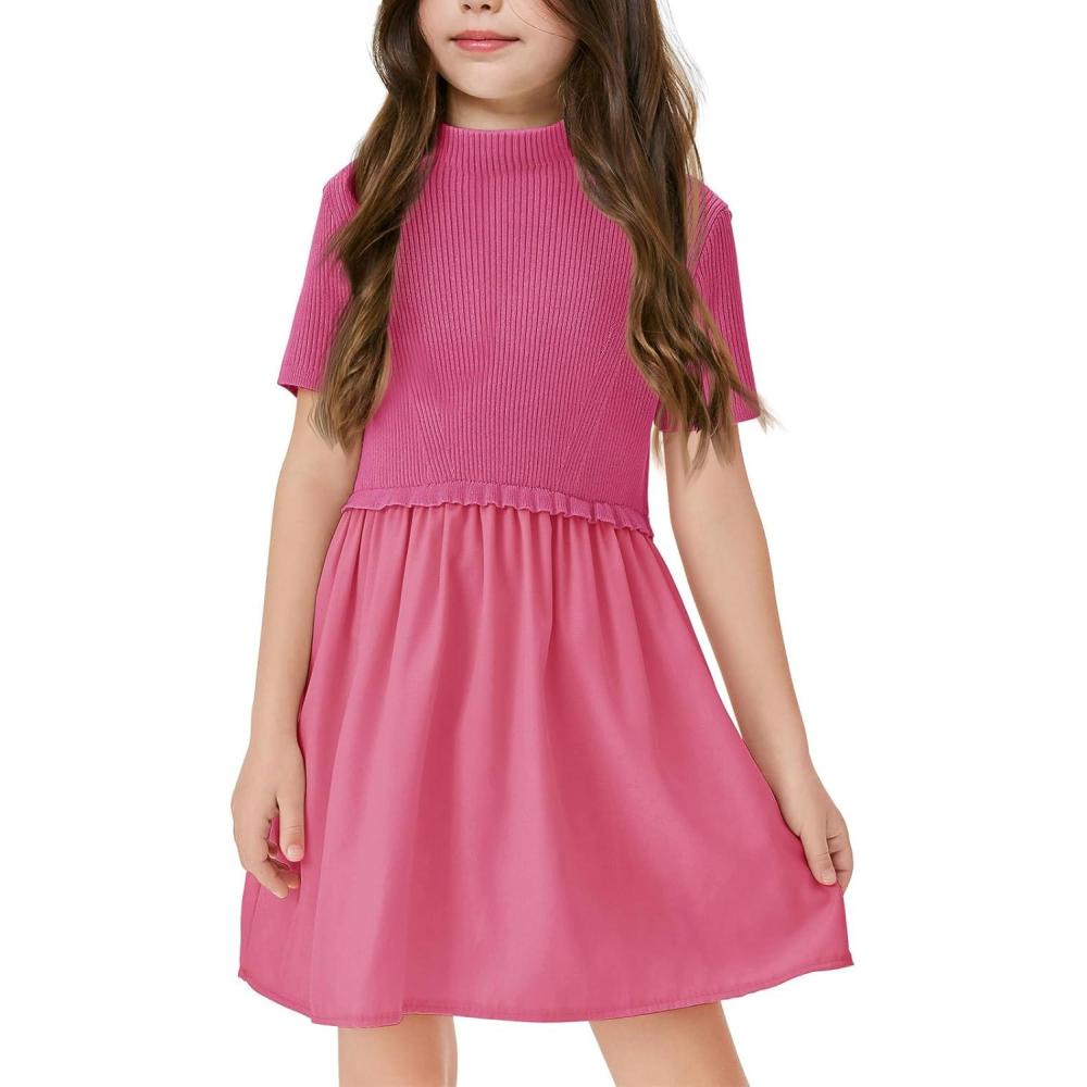 image:imageHaloumoning Girls Short Sleeve Mock Neck Dress Summer Casual Dresses ALine Swing Elegant SundressHot Pink