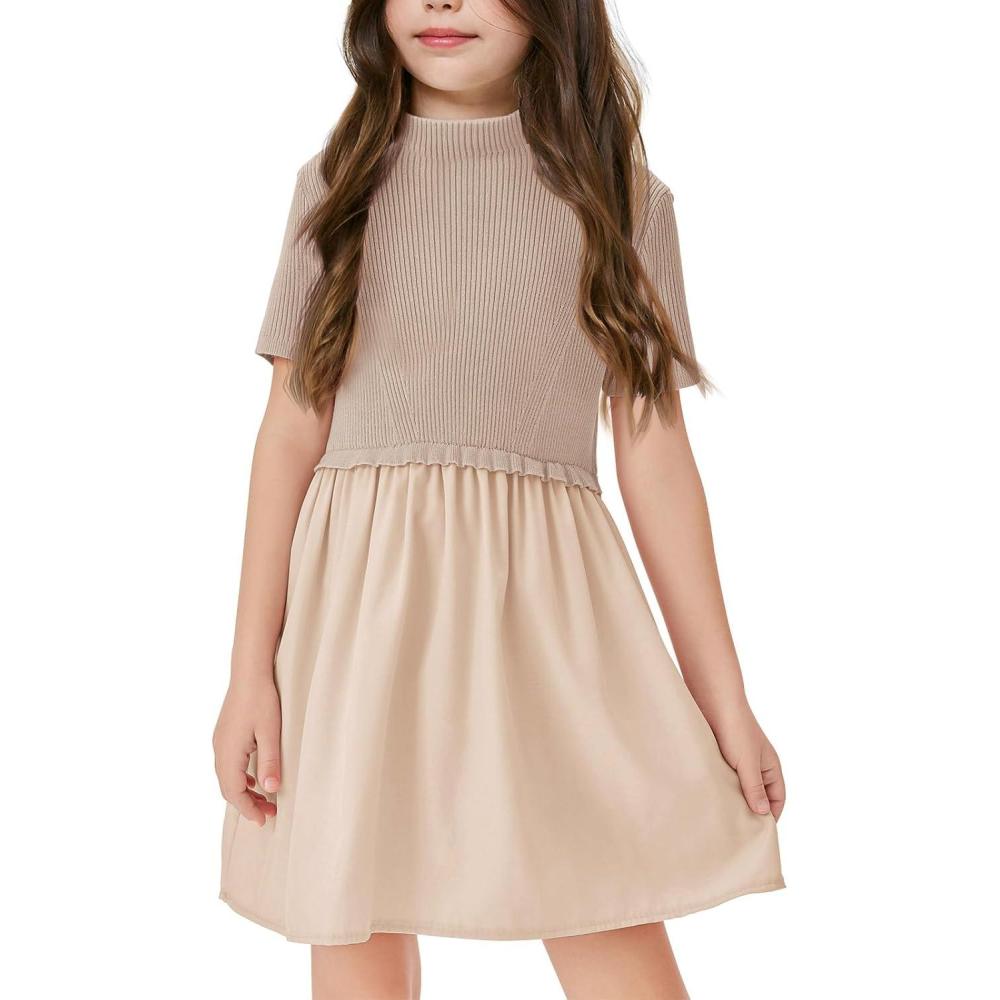 image:imageHaloumoning Girls Short Sleeve Mock Neck Dress Summer Casual Dresses ALine Swing Elegant SundressKhaki