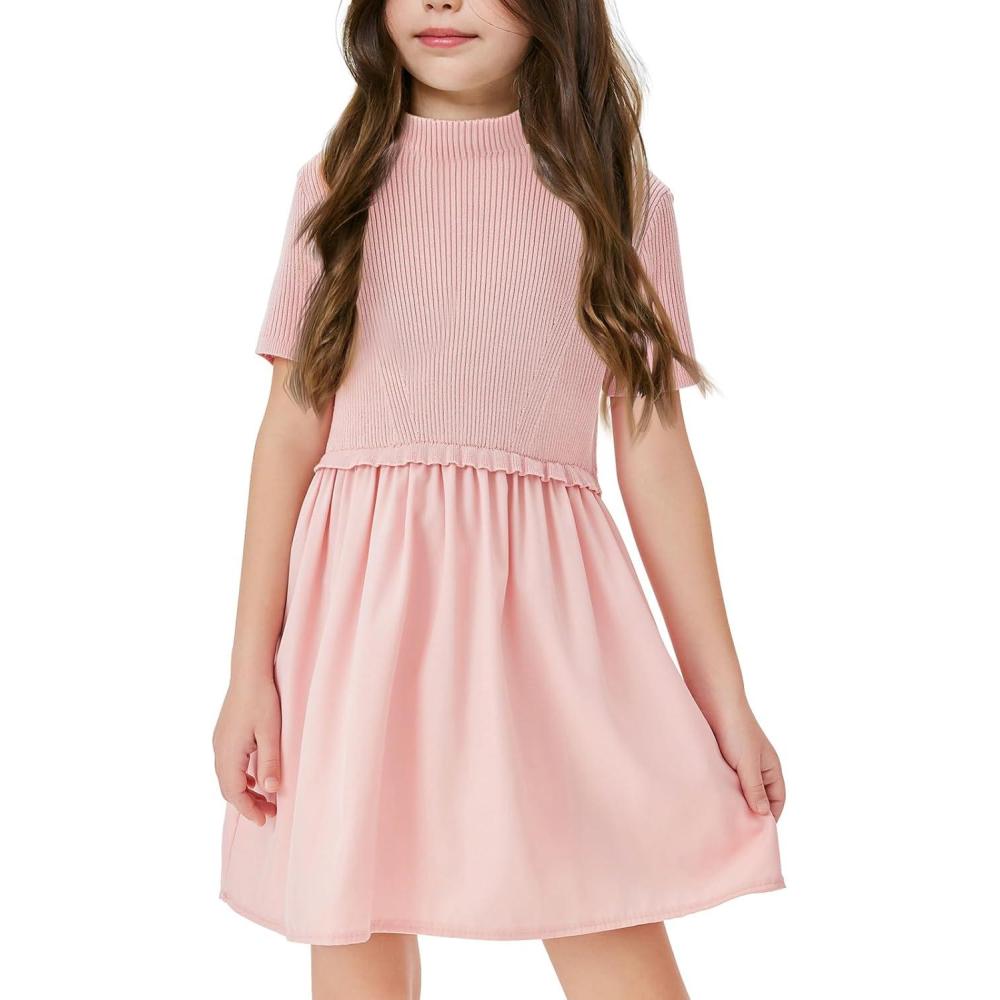 image:imageHaloumoning Girls Short Sleeve Mock Neck Dress Summer Casual Dresses ALine Swing Elegant SundressPink