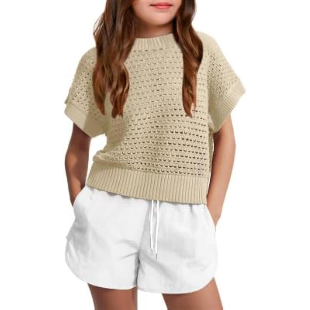 image:imageHaloumoning Girls Short Sleeve T Shirt Crewneck Knit Crop Top Hollow Out Pullovers Sweater 514 YearsBeige