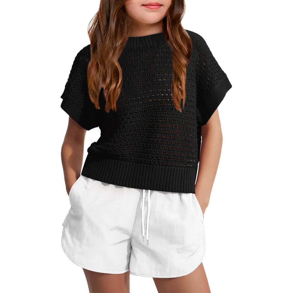 image:imageHaloumoning Girls Short Sleeve T Shirt Crewneck Knit Crop Top Hollow Out Pullovers Sweater 514 YearsBlack