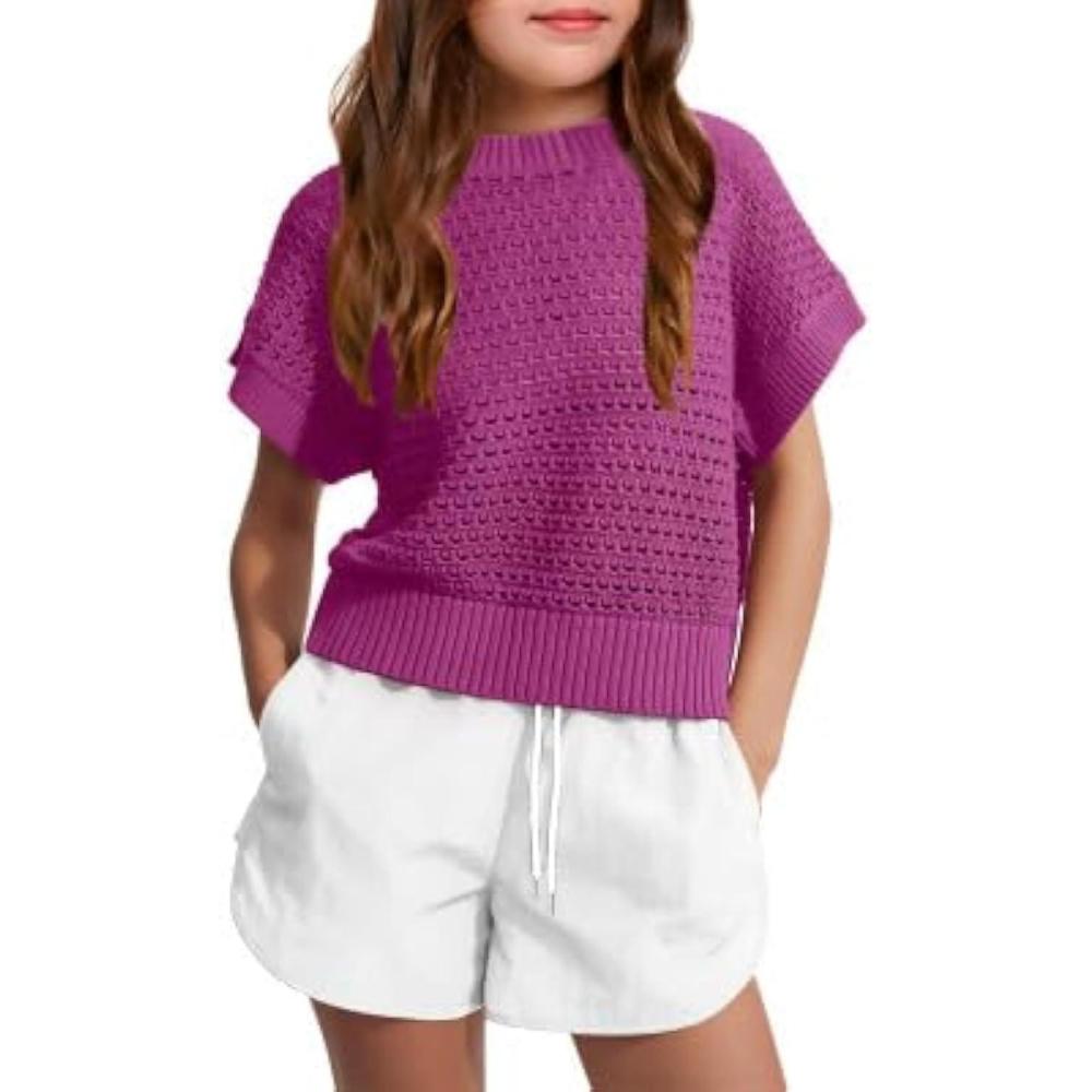 image:imageHaloumoning Girls Short Sleeve T Shirt Crewneck Knit Crop Top Hollow Out Pullovers Sweater 514 YearsHot Pink