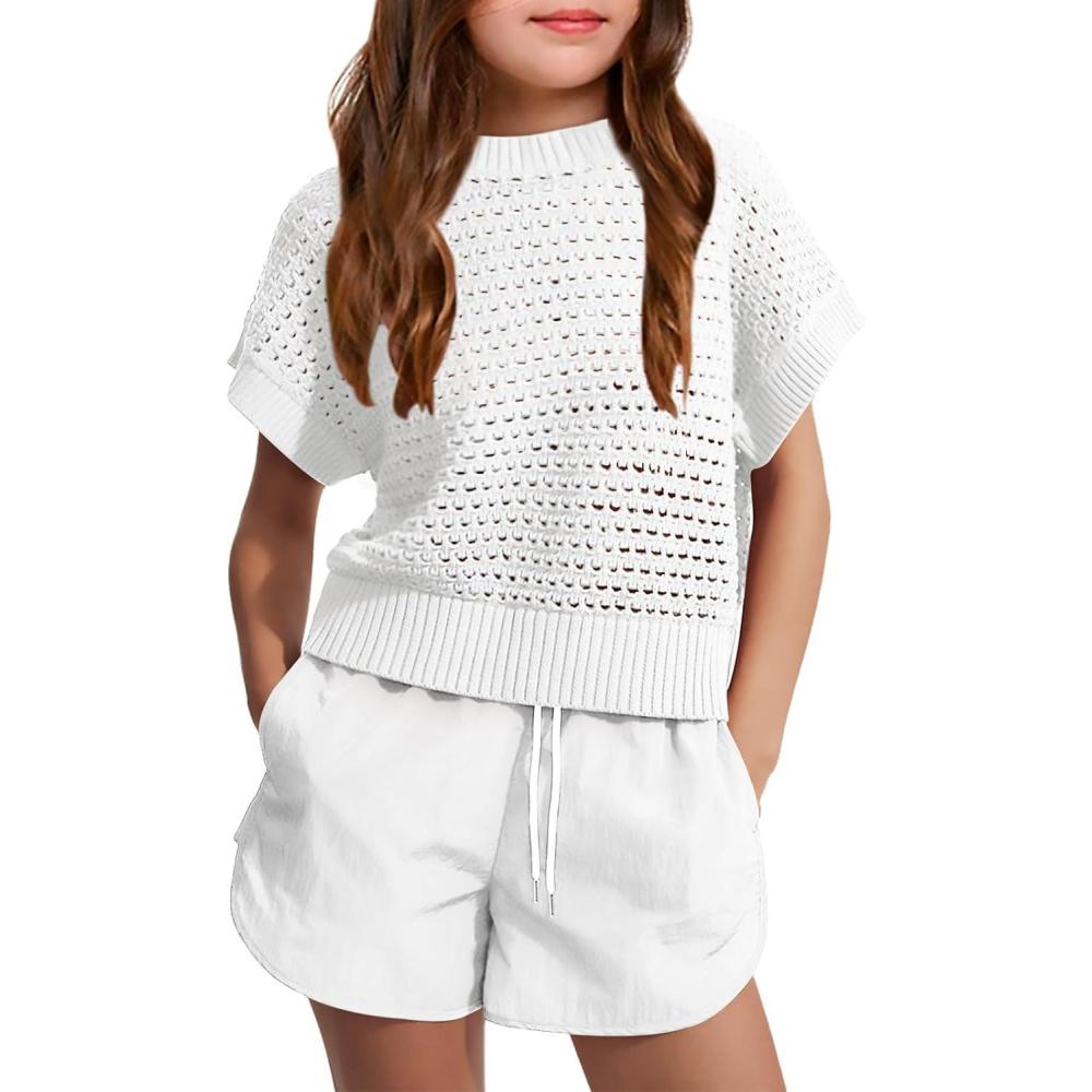 image:imageHaloumoning Girls Short Sleeve T Shirt Crewneck Knit Crop Top Hollow Out Pullovers Sweater 514 YearsWhite