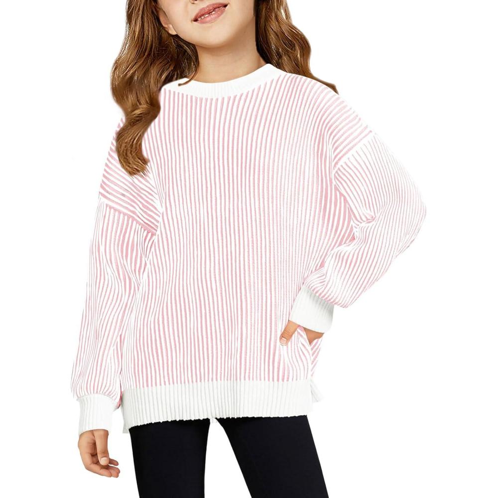 image:imageHaloumoning Girls Striped Pullover Sweaters Chenille Crew Neck Cable Knit Tops 514 YearsPink