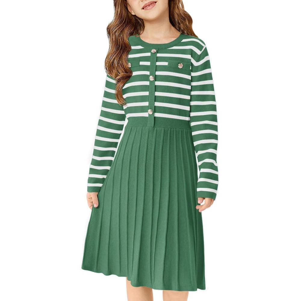 image:imageHaloumoning Girls Sweater Dress Knit Long Sleeve Striped A Line Pleated Fall Winter Dresses 514 YearsBlackish Green