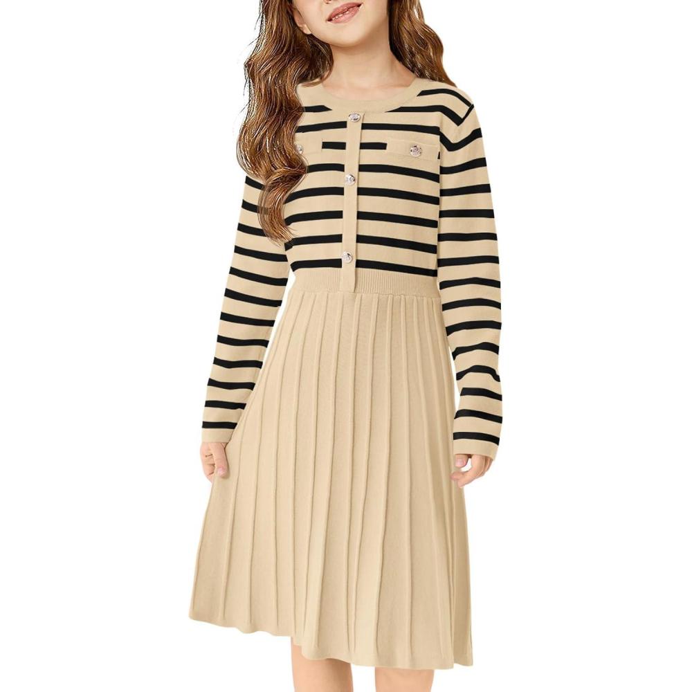 image:imageHaloumoning Girls Sweater Dress Knit Long Sleeve Striped A Line Pleated Fall Winter Dresses 514 YearsKhaki